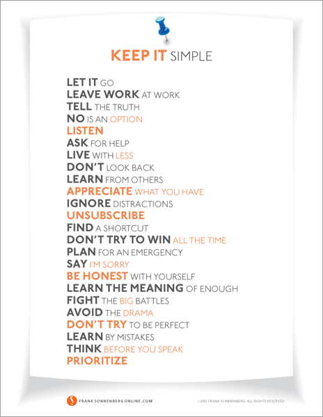 24 ways to simplify your life, how to simplify your life, simplify your life poster, make your life easier, Frank Sonnenberg