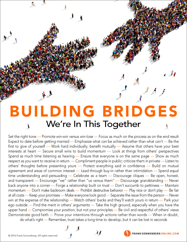 Bridges, teamwork, relationships, understanding, comradery, Frank Sonnenberg